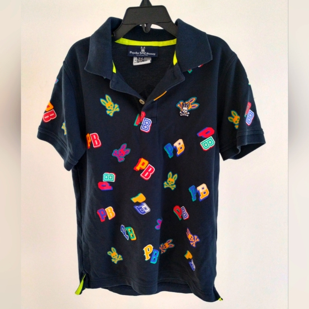 Psycho Bunny Shirt Boys Medium Navy Blue Fulton All Over Print Short Sleeve Polo
